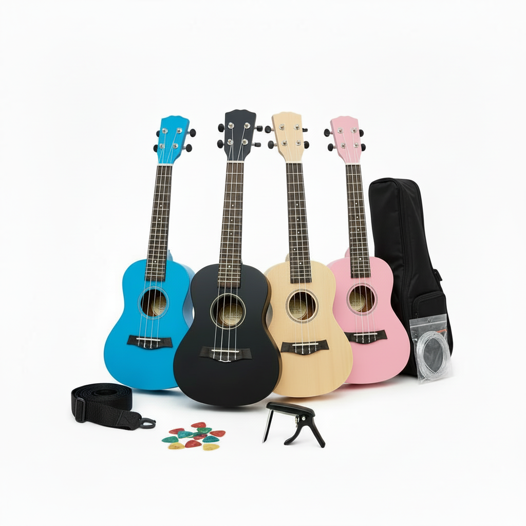 Four colorful ukuleles with accessories in a front-facing row