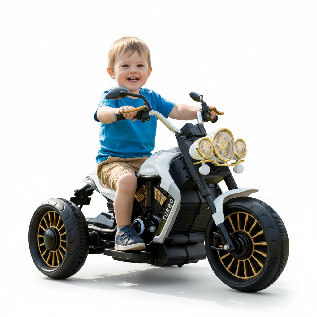 Child safely seated on a white and black kids ride-on tricycle on a white studio background
