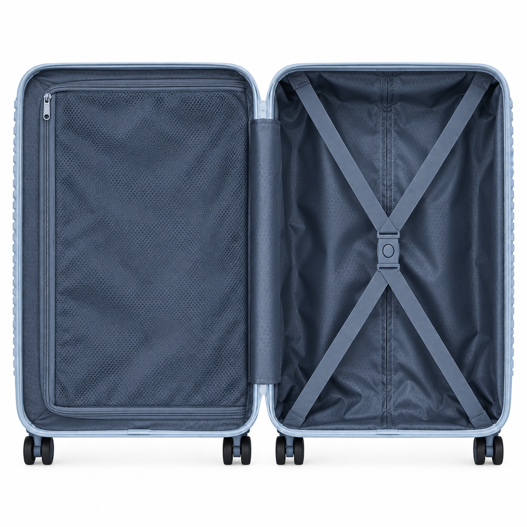 Interior compartments and packing straps inside 24-inch hardshell luggage on white background