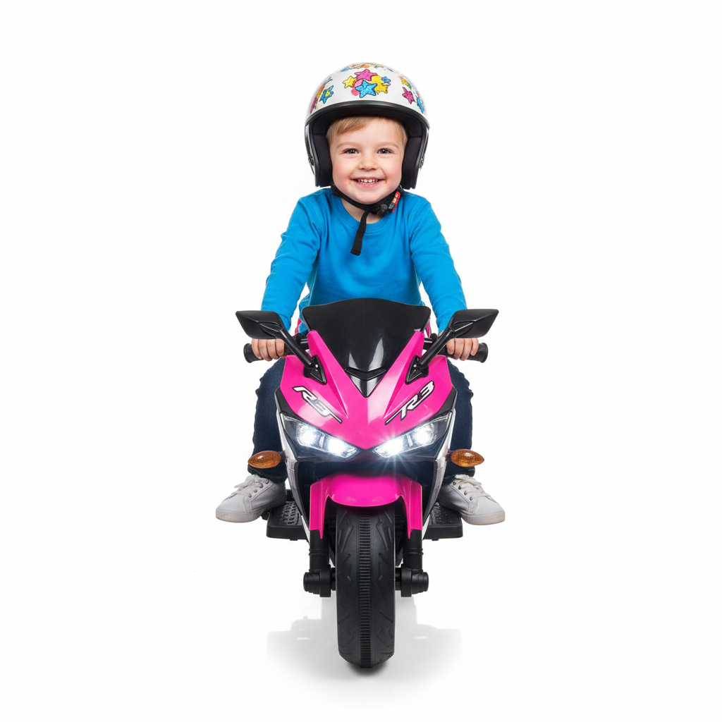 Young child safely seated with a helmet on the exact pink kids electric ride-on motorbike in a white studio