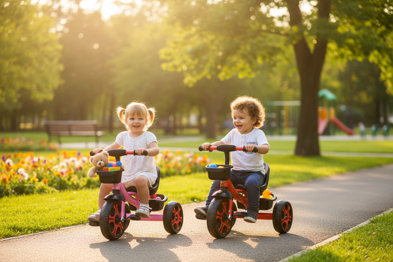 Tricycle Kids Playing Pink and Red