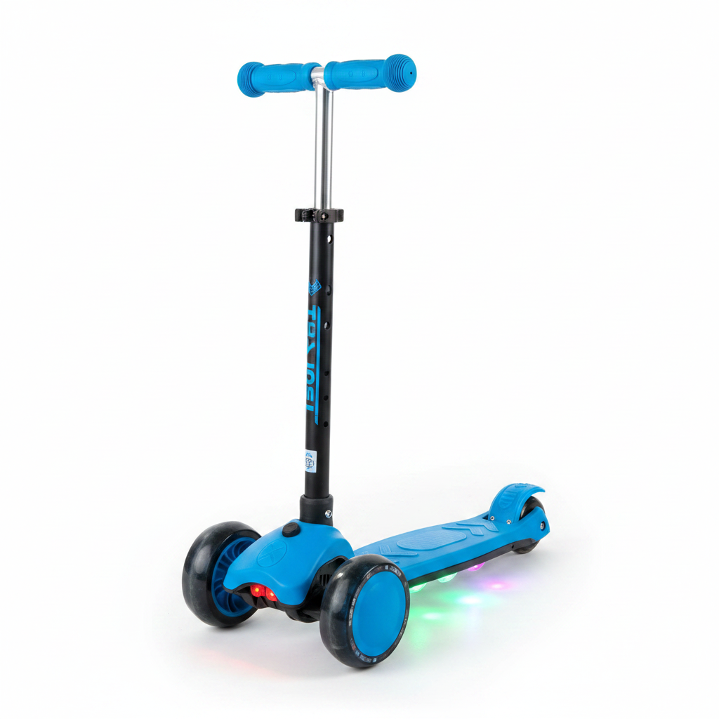 Blue 3-wheel kids scooter with LED lights on white background