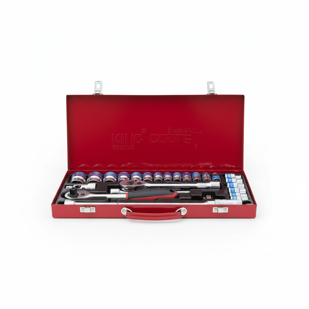 Open red metal socket and ratchet tool case on a white studio background