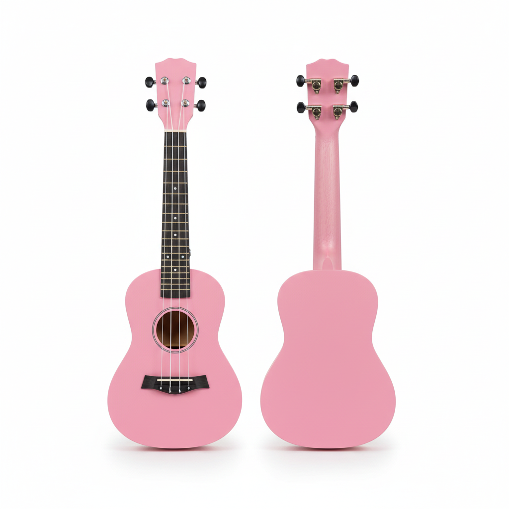Pink ukulele shown from the front and back