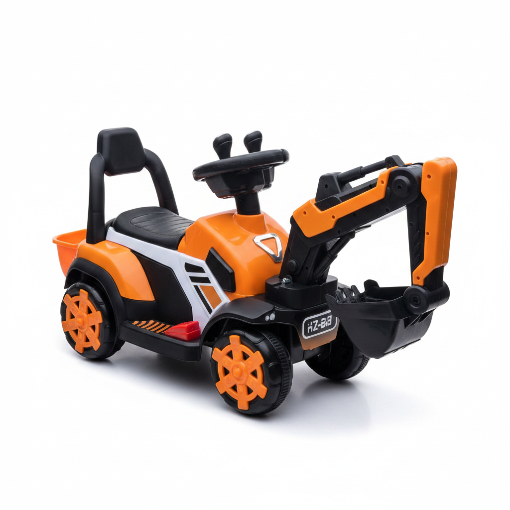 Orange kids electric ride-on excavator on white background