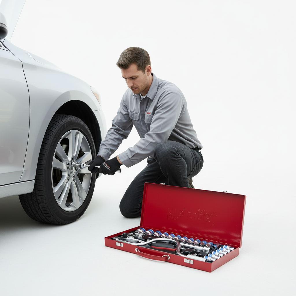 Mechanic repairing a car beside the exact red socket and ratchet tool kit on a white studio background