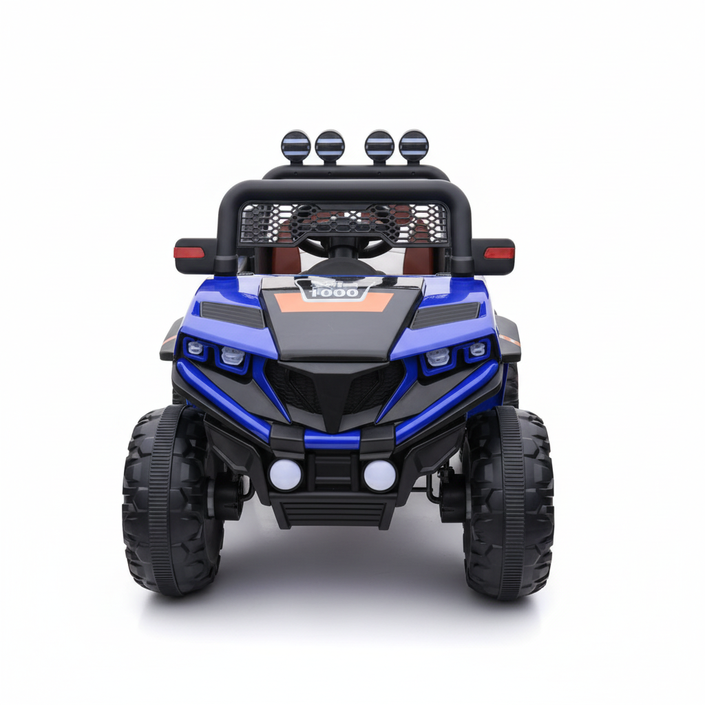 Interior view of the exact blue kids ride-on Jeep showing the steering wheel, dashboard, seat, and controls