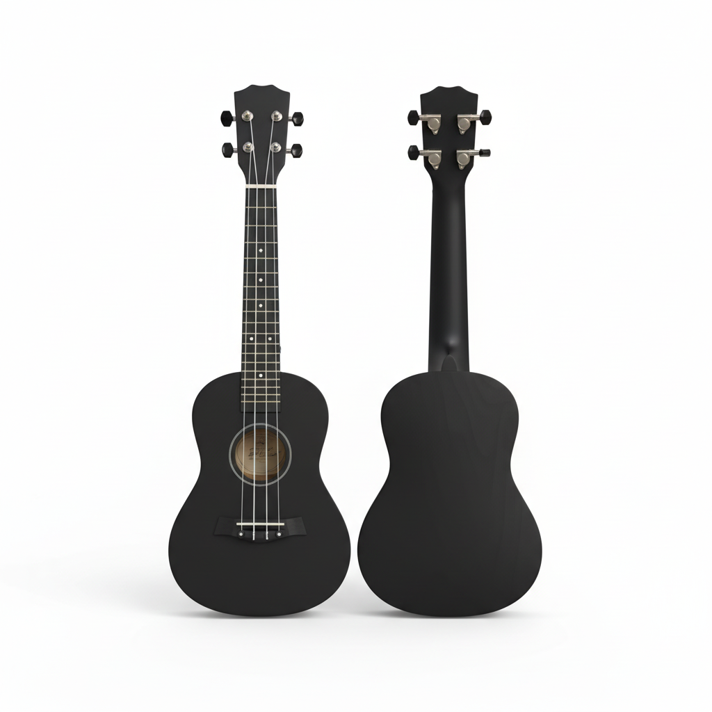 Black ukulele shown from the front and back