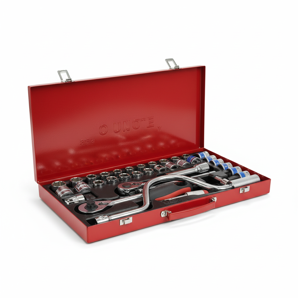 Red metal socket and ratchet tool case with all tools visible on a white studio background