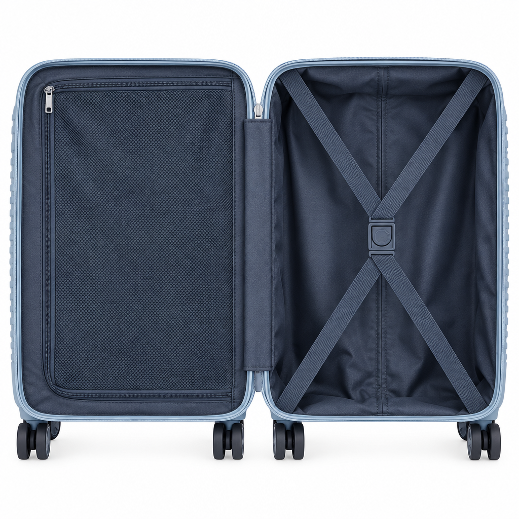Interior compartments and packing straps inside 20-inch hardshell luggage on white background