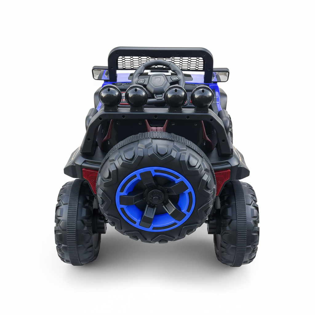 Exact rear view of the blue kids ride-on Jeep with spare tyre and controls on a white studio background