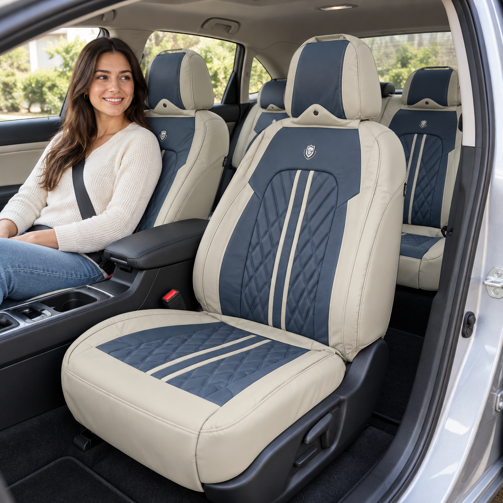 Cream and slate blue car seat covers installed in a car with a passenger