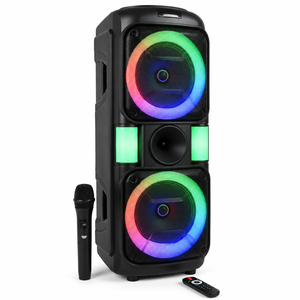 Dual RGB karaoke speaker with microphone and remote on white background