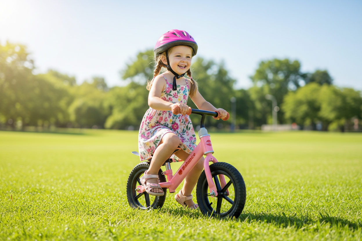 Pink Balance Bike - Girl Riding in Park