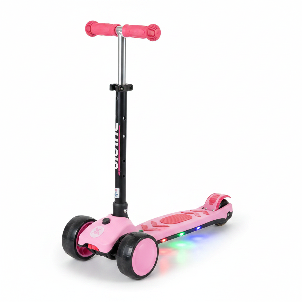 Pink 3-wheel kids scooter with LED lights on white background