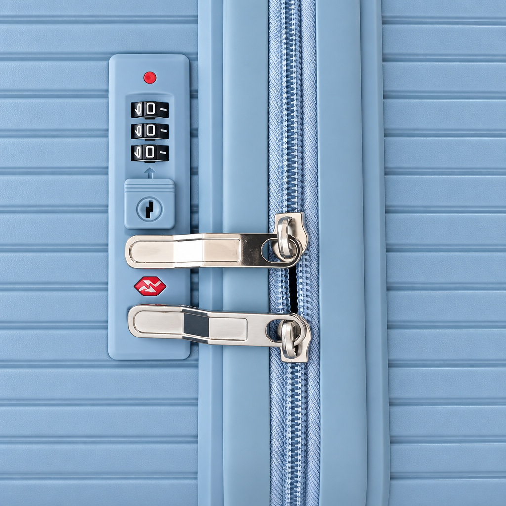 Combination lock and zipper pulls on hardshell luggage on white background