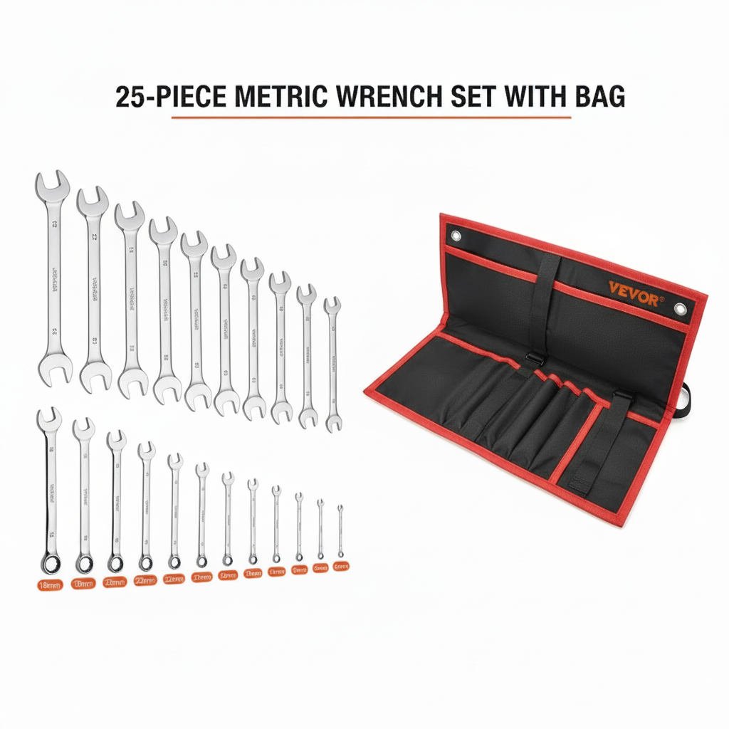 25-piece metric wrench set with the exact black and orange roll-up bag on a white background