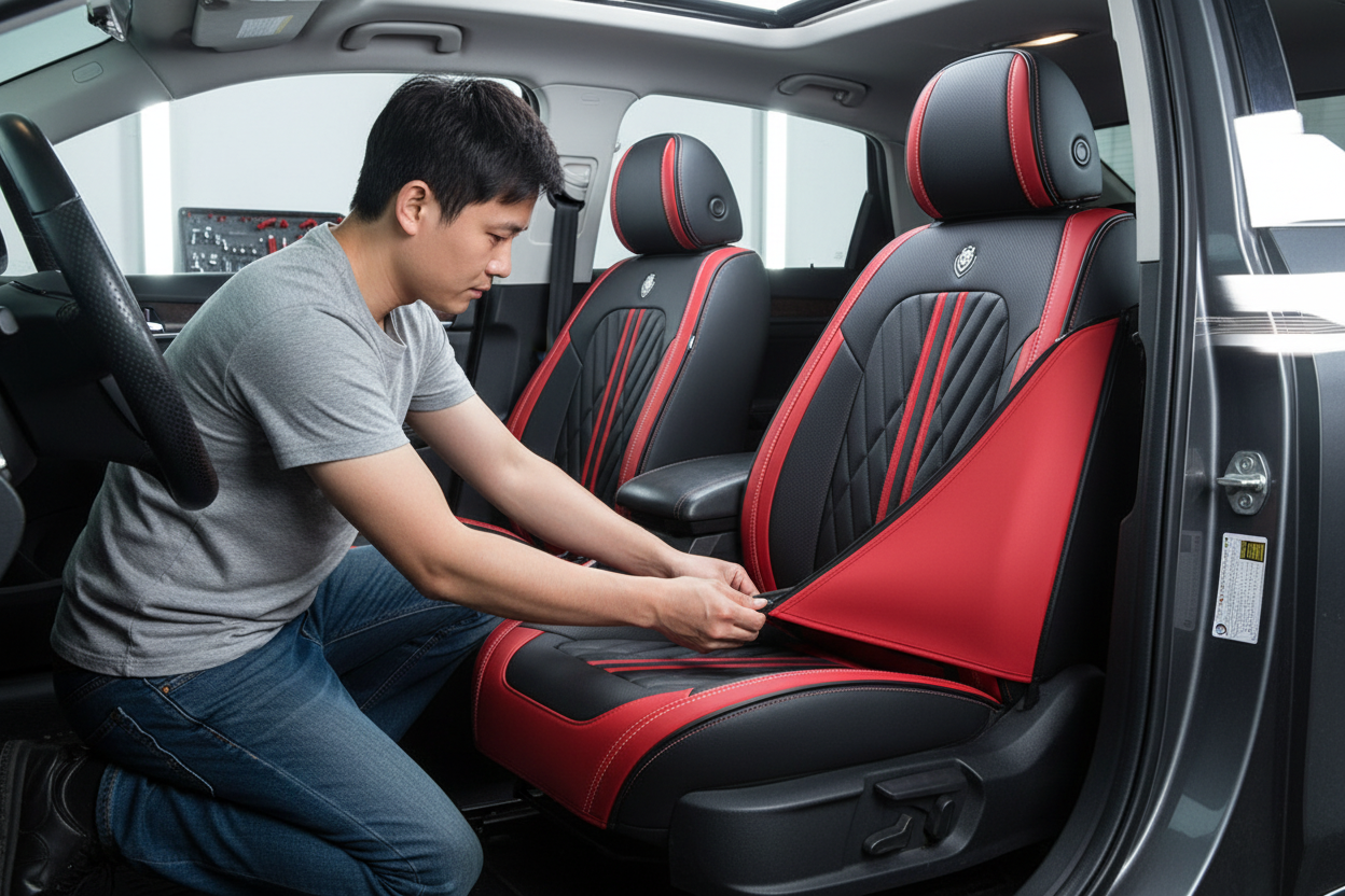 Car Seat Cover - Man Installing