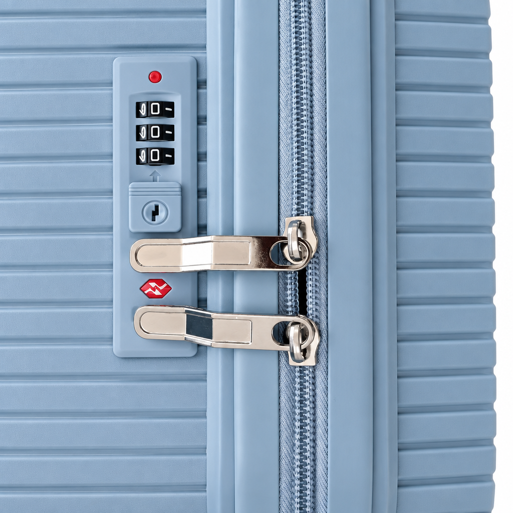 Combination lock and zipper pulls on 24-inch hardshell luggage on white background