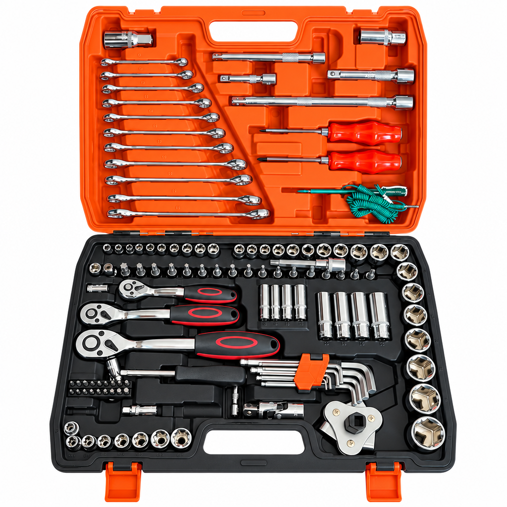 Orange and black socket set studio shot on white background